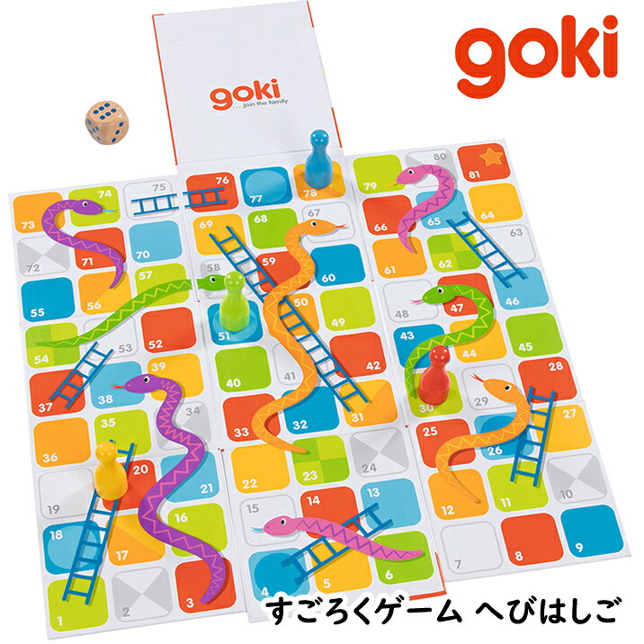 箱を開けるとそこは楽しいすごろくの世界。 ルールはとってもシンプルなすごろくゲームですが、 はしごに止まると一気に駆け上がり、へびに止まると戻されます。 こま×4・サイコロ×1・ボード45×45cm