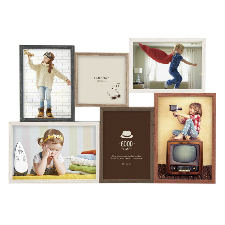 フォトフレーム 木製 おしゃれ レトロ 木目 カラフル 写真立て 多面 6窓