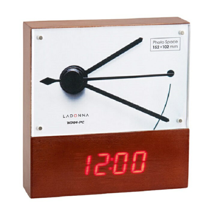 ウッディーフォトクロック 写真立て 時計 ブラウン LED インテリア 置物 オリジナル時計