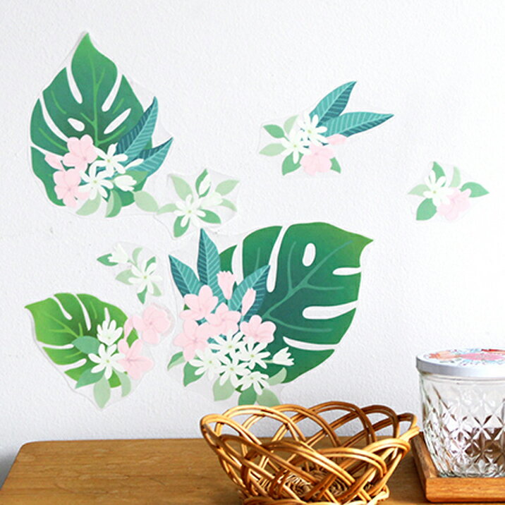 ウォールステッカー ハウスジーダ モンステラとトロピカルブーケ グリーン 壁紙 インテリアシール 壁飾..