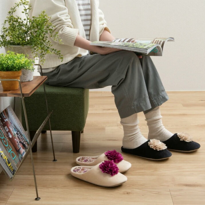 スリッパ かわいい 花モチーフ SDS シャーロット ボタニカル 洗える M ルームシューズ おしゃれ 華やか あったか 低反発スリッパ 丸洗い レディース