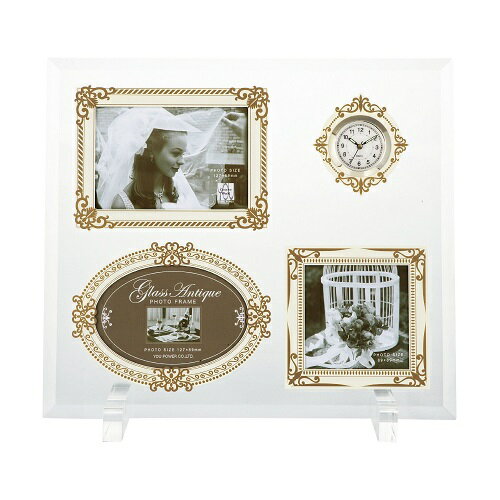ガラスクロックフォトフレーム3窓 ホワイトゴールド アンティーク 時計 写真立て 結婚 ブライダル お祝い 贈り物 ギフト インテリア