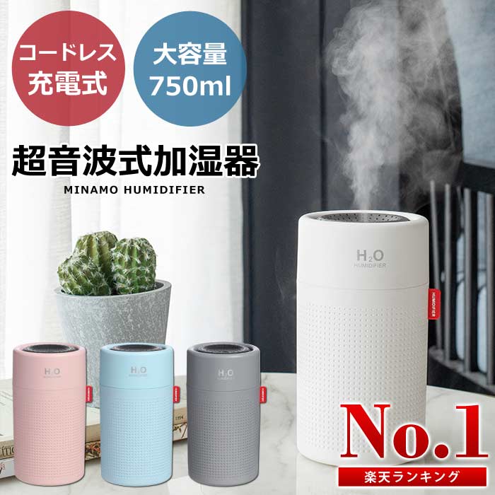 加湿器 卓上 USB オフィス おしゃれ 充電式 超音波 ウイルス 静音 超微粒ミスト パソコン 車載 光る 連続 節電モード 加湿機 ドライアイ対策 デスク インフルエンザ対策 乾燥肌対策 車用 カー用品 コンパクト 750ml 小型 柊