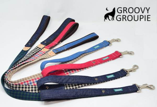 大型犬 リード サイドグリップ 【 麻混 ギンガムチェック と デニム 】 安心 安全 ダブルナスカン ダブ..