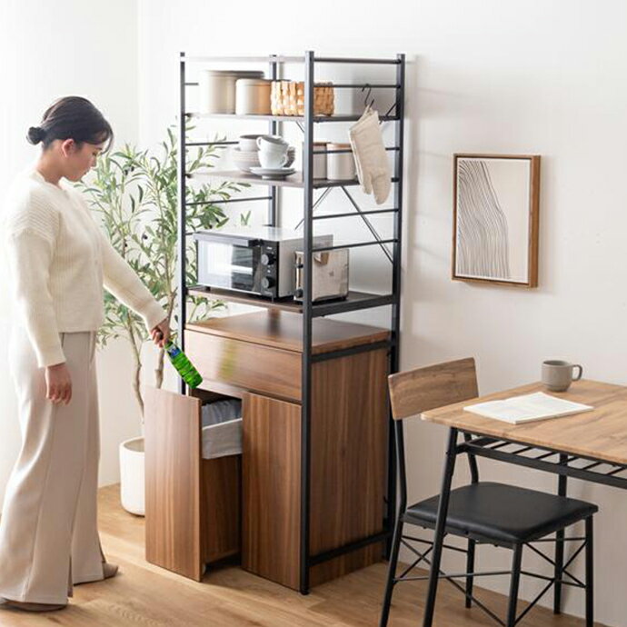 ・クーポン祭り開催中！BAREO キッチン収納 60cm幅 レンジ台 ゴミ箱付きキッチンラック キッチンカウン..