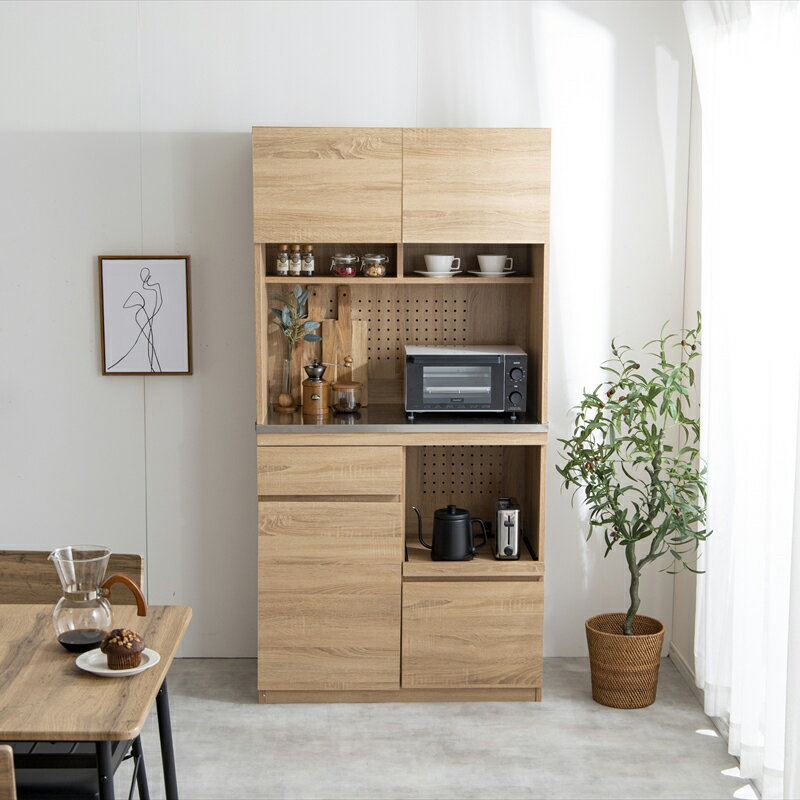 Cupboard - ・クーポン祭り開催中！商品名 FEZU 食器棚 幅 90 cm キッチンボードステンレストップ 天板サイズ 幅90×奥行45×高さ180cmスリム カウンター ダイニングボード カップボードレンジ台 組立品 キッチン収納 食器棚 カップボード 作業台 食器収納