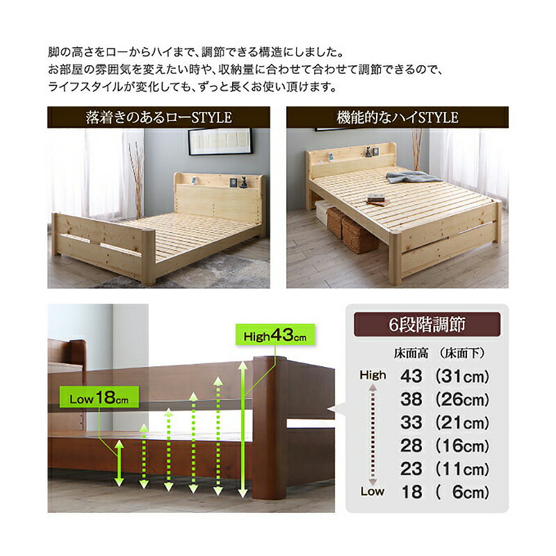 24時間SALE P3倍&300円クーポン【1台単品】【セミダブル】【ポケットコイルマット付き】商品名|IHTベッドカラー|ナチュラル色【全2色】サイズ|本体 幅121.5×長さ217×高さ79cm※床面高は6段階で調整可能※マットレスが付属しております。 [2]