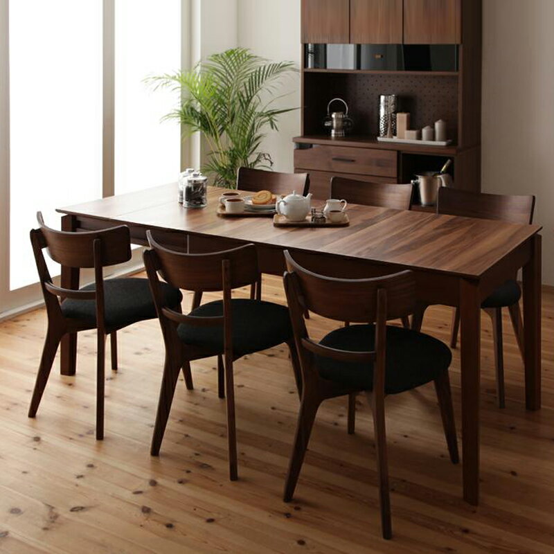 クーポン祭り開催中!商品名| NVLL 伸縮式ダイニング7点セット材 料| ウォールナット突板/布張り北欧テイスト ウレタン塗装 ベンチ 伸張式テーブル【セット内容】伸縮式テーブル ×1台チェア ×6脚