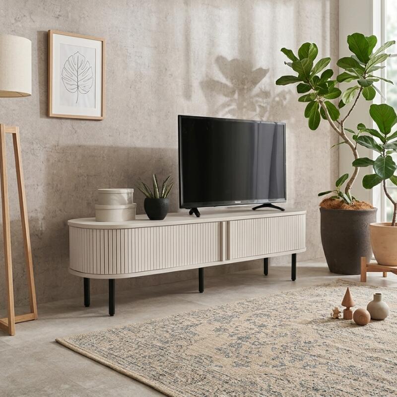 Rakuten - ROLL-137cm テレビ台 テレビボード 木製 ローボードサイズ：幅137×奥行40.5×高さ38.5cm主素材：プリント紙化粧パーティクルボード幅137cm 幅140cm TVボード ブラウン ナチュラル ホワイト タンブール扉 インドネシア製 組立式 おしゃれ 北欧 ASST