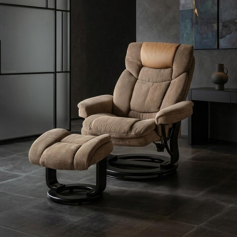 Artificial Leather - 商品名| WRK-PC パーソナルチェア 足置きセットカラー| ブラウン色 / グリーン色材　料| 張地/コーデュロイ 布張り 脚部/合板・スチールサイズ|幅84 奥行83-100 高さ105/座面高40cmリクライニングソファ オットマンセット 回転式