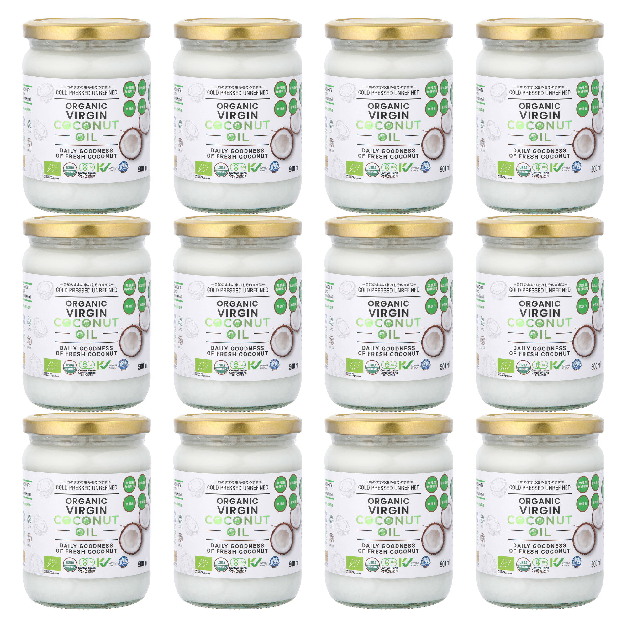 ■ 500ml×12本入りの徳用大箱です（1本あたり約1,248円）。段ボール箱のまま発送します。飲食店・サロン・小売店の業務用ストックにも、ご家庭でのまとめ買いにも。 ・有機JAS認証取得 農薬や化学肥料に頼らず育てられた、有機ココナッツのみを使用。日本の有機JAS基準をクリアしています。 ・無精製・無漂白・無添加 化学処理を一切行わず、素材そのものの香り・風味・栄養を大切にしています。 ・コールドプレス製法 高温処理をせず、低温でじっくり圧搾。自然な甘い香りとまろやかな口当たり。 ・食用から美容まで幅広く 炒め物・お菓子作り・ドリンクはもちろん、ヘアケアやボディケアにも使用可能。 ・南国スリランカ産ココナッツ使用 持続可能な有機農園から直接仕入れた、品質にこだわった原料です