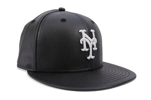 NEW ERA NEW YORK METS 59FIFTY FITTED CAP (GREY UNDER VISOR/BLACK PU LEATHER)ニューエラ/フィッテッドキャップ/MLB/ニューヨークメッツ/ブラックポリウレタンレザー/ツバ裏グレー