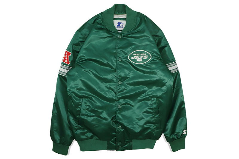 楽天GROW AROUND グロウアラウンドSTARTER NEW YORK JETS VARSITY SATIN FULL-SNAP JACKET （LS200167-JET:GREEN）スターター/バーシティジャケット/スタジアムジャケット/ニューヨークジェッツ/グリーン