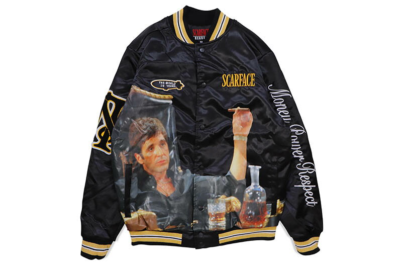 REASON CLOTHING SCARFACE MONEY POWER RESPECT SATIN VARSITY JACKET (SF-58:BLACK)[YN[WO/XJ[tFCX/Teo[VeBWPbg/ubN