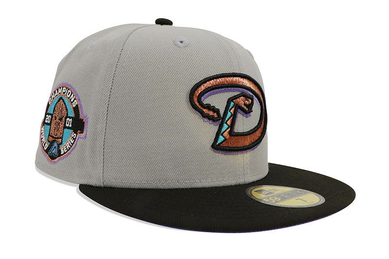 NEW ERA ARIZONA DIAMONDBACKS 59FIFTY FITTED CAP (2001 WORLD SERIES CHAMPIONS CUSTOM SIDE PATCH/PURPLE UNDER VISOR/GREY BLACK)ニューエラ/フィッテッドキャップ/MLB/アリゾナダイアモンドバックス/グレーブラック/ツバ裏パープル