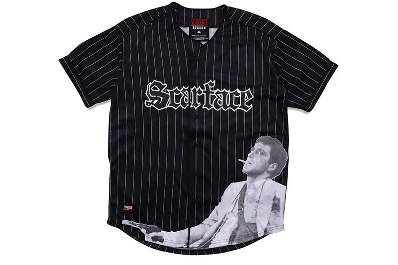 REASON CLOTHING SCARFACE PINSTRIPE BASEBALL JERSEY (S322:BLACK)[YN[`O/XJ[tFCX/gj[^i/x[X{[W[W[/ubN