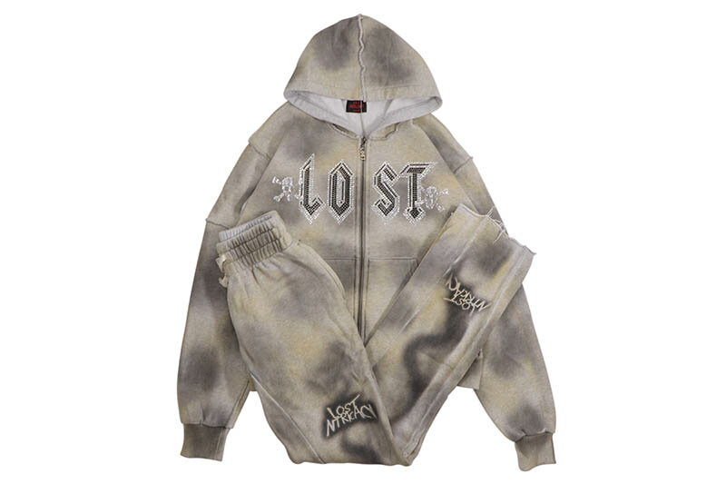 LOST INTRICACY RHINESTONE GREY SETSロスト・イントゥリカスィ/セット販売/スウェットセットアップ/グレー タイダイ