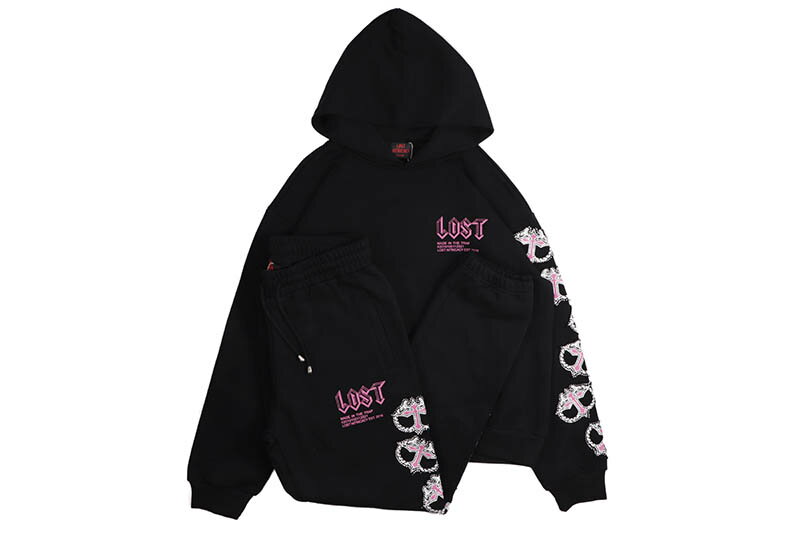 LOST INTRICACY MITT BLACK PINK SETSロスト・イントゥリカスィ/セット販売/スウェットセットアップ/ブラック