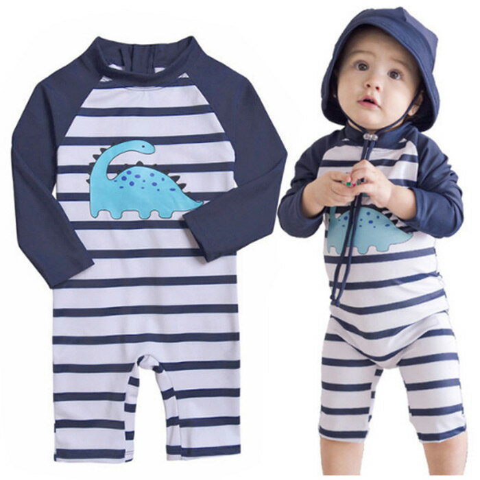 ベビー 水着 男の子 ロンパース 赤ちゃん 水着 恐竜 長袖 ラッシュガード キッズ 帽子付き 2点セット UV カット 紫外…