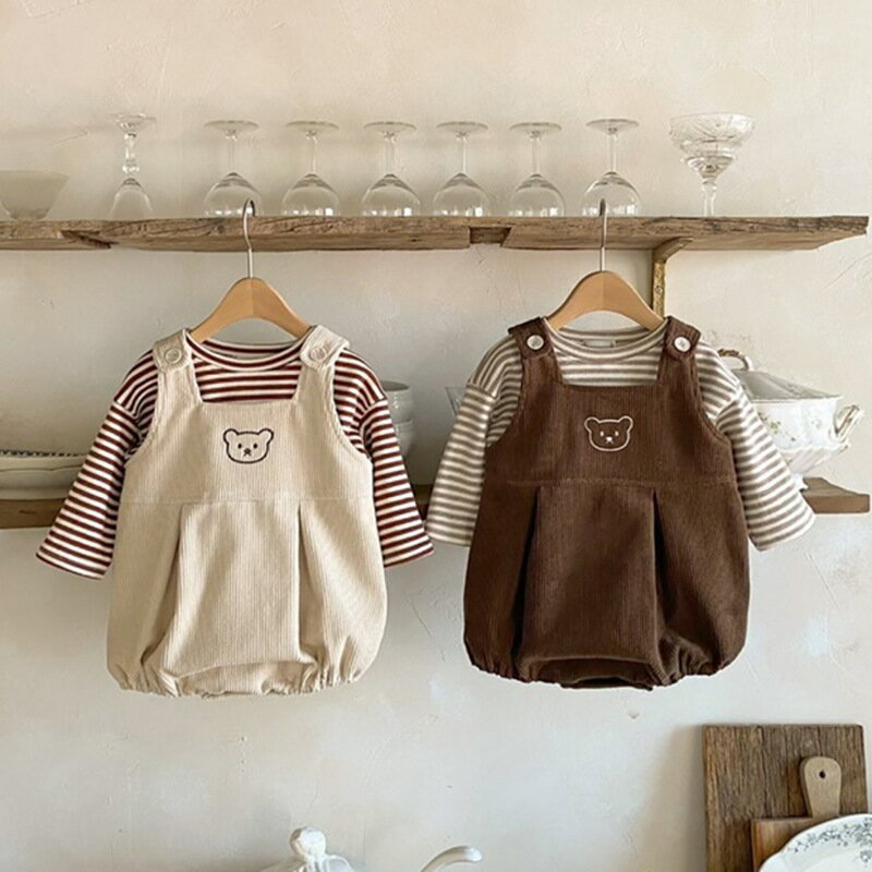ベビー服 キッズ 女の子 ロンパース くま 秋 冬 サロペット セットアップ ボーダー オーバーオール トップス 男の子 キッズ 子供服 赤ちゃん服 韓国 子ども服 ベビー トレーナー コーデュロイ 長袖 おしゃれ かわいい 双子 2