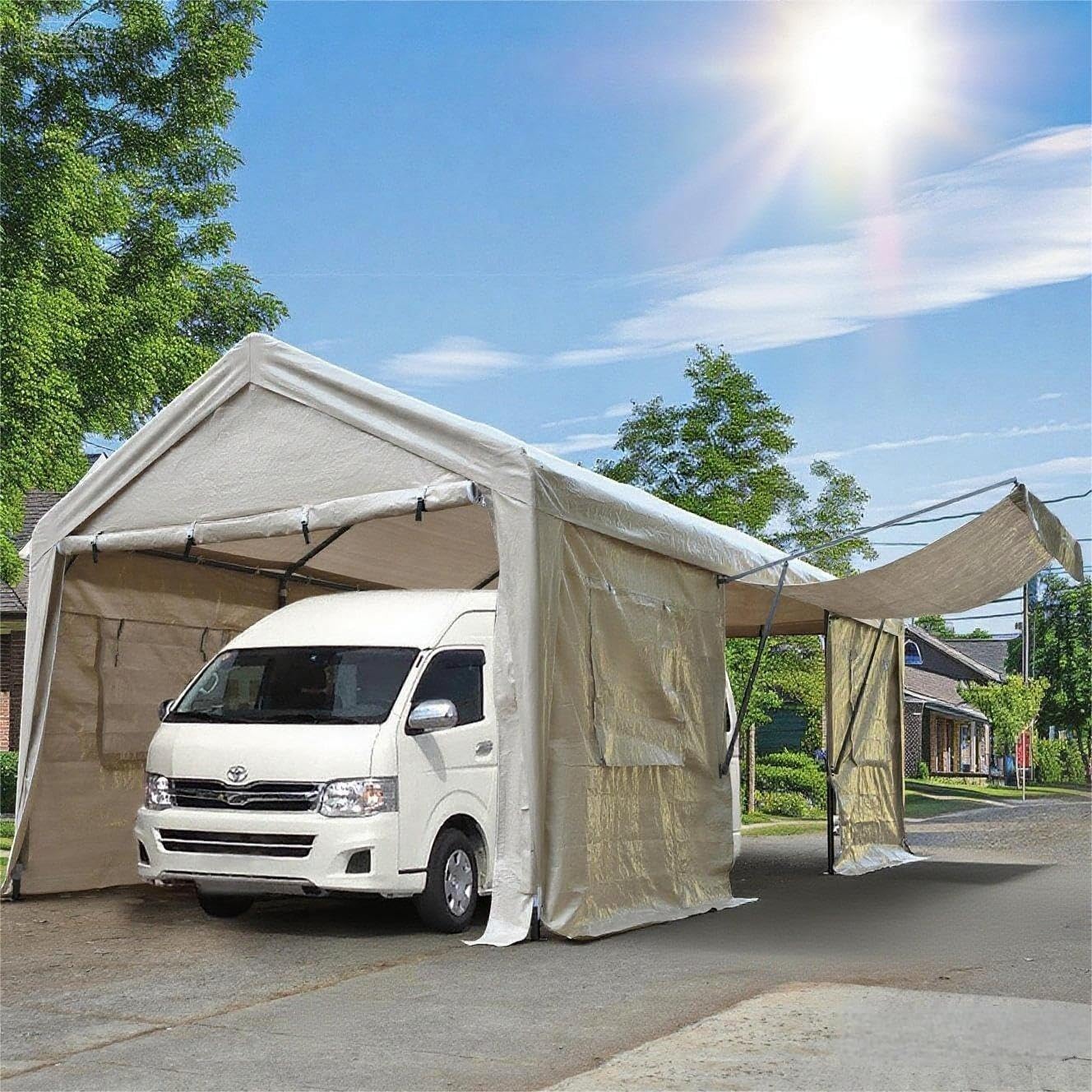 乐天商城 - ガレージテント 車 大型 【UVカット＆防雨·雪】 車庫テント 【超強度·安定性】スチール製 カーポート アンカ-ボルトとロ-プ 二重固定 頑丈 タープテント 軽自動車用 大型車 駐車 仮設倉庫 ドア 窓付き 開閉可能 ベージュ 3x6x2.8m