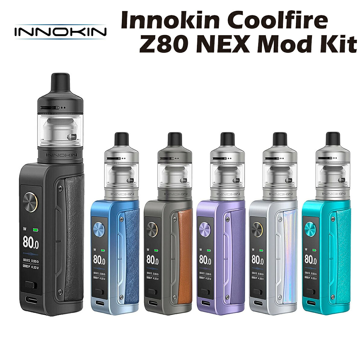 人気のCoolfireシリーズから、使いやすさと味わいを追求した「Innokin Coolfire Z80 NEX Kit」が登場！ 最大80Wの出力に対応したBOX MODと、新型「Zenith NEX Tank」を組み合わせたスターターキットです。 交換式18650バッテリーを採用し、見やすいカラー画面やスライド式ロックスイッチなど、日常使いに便利な機能を搭載しています。 Zenith NEX Tankは、リキッド注入口と吸気口をひとつのリングにまとめた「TopSync System」を採用。 タンク上部のリングを回すことで、リキッドの補充とエアフロー調整を簡単に行えます。 タンク容量は5ml。上部からリキッドを補充できるトップフィル方式で、普段のお手入れもスムーズです。 Innokin Zコイルシリーズの全種類に対応。 お好みの抵抗値を選ぶことで、口に含んでから吸い込むMTLから、やや空気量を絞って肺に直接吸い込むRDLまで、幅広い吸い心地を楽しめます。 付属コイルは、MTL向けの0.8ΩとRDL向けの0.3Ω。 吸い応えやミスト量の違いを試しながら、お好みのセッティングを見つけられます。 出力は6〜80Wの範囲で調整可能。 6〜20Wでは0.5W刻み、20〜80Wでは1W刻みで設定でき、使用するコイルやお好みに合わせて調整できます。 高性能スマートチップにより、バッテリー残量が少なくなっても安定した出力を維持するよう設計されています。 必要な情報を分かりやすく表示する、0.96インチTFTカラー画面を搭載。 画面表示と操作性をシンプルにまとめ、毎日の設定や状態確認を快適に行えます。 本体に手動のロックスイッチを搭載。 スライド操作でファイアボタンをロックでき、持ち運び時の意図しないボタン操作を防ぎます。 18650バッテリー1本で動作します。USB Type-Cによる5V/2A充電にも対応しています。 製品仕様 サイズ 58.33 × 27.56 × 134.82mm タンク容量 5ml 出力範囲 6〜80W 画面 0.96インチTFTカラー画面 使用バッテリー 18650 × 1本（別売） 充電 USB Type-C 5V/2A 材質 亜鉛合金、PCTG、レザー 対応コイル Innokin Zコイルシリーズ 付属コイル 0.8Ω（推奨14〜17W）、0.3Ω（推奨30〜40W） パッケージ内容 Coolfire Z80 NEX MOD×1 Zenith NEX Tank×1 Zコイル 0.8Ω（装着済）×1 Zコイル 0.3Ω×1 MTL用ドリップチップ（装着済）×1 RDL用ドリップチップ×1 交換用ガラスチューブ×1 予備Oリング ×1 Type-C充電ケーブル×1 クイックスタートガイド(英語) ×1 【ご使用上の注意】 ※本商品にはリキッド・18650バッテリーは付属しておりません。 ※出力は、装着するコイルの推奨ワット数に合わせて設定してください。 ※新品のコイルを使用する際は、リキッドを補充して十分に浸透させてからご使用ください。