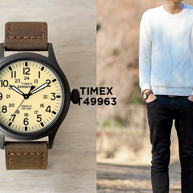 TIMEX タイメックス エクスペディション スカウト 40MM T49963 腕時計 メンズ レディース ミリタリー アナログ ブラック 黒 ベージュ レザー 革ベルト