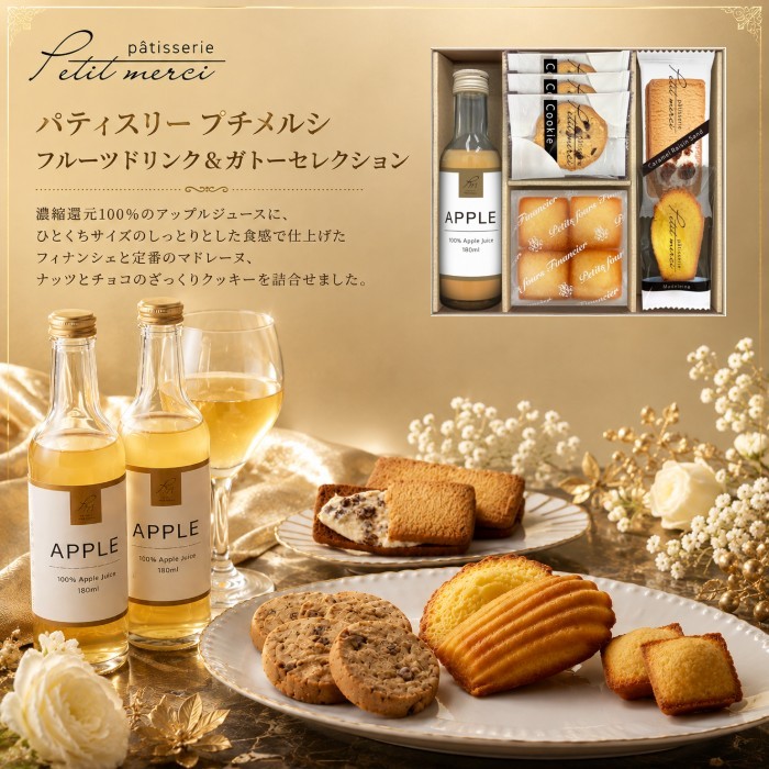 ●フルーツドリンク（アップル）180ml×1、ナッツとチョコのざっくりクッキー×3、プチフィナンシェ4個入（プレーン）×1、キャラメルレーズンサンド×1、マドレーヌ（プレーン）×1●箱205×230×55mm（日本製）●賞味期限/90日（製造日より）お客様へのお願いと注意事項※のし対応商品はのしにお名前をお入れします。名入れ対応商品をご注文のお客様は、ご注文最終の備考欄に必ず名入れするお名前をご記入・ご入力ください。※熨斗のつけ方は原則【内のし】とさせていただいております。予めご了承ください。※のし紙・包装紙・メッセージカードが必要な場合は、必ずご指定ください。のし・包装紙・メッセージカードのご指定を頂いていない場合は、確認の為、ご発送が遅れる場合がございますこと予めご了承ください。内祝い お祝い返し 出産祝いのお返し お返し お礼 引き出物 ギフト 御祝 御礼 贈り物 贈答品 記念品 景品 プレゼント 御挨拶 御中元 お歳暮 暑中御見舞い 残暑見舞い 御歳暮 お歳暮 敬老会記念品 敬老会 敬老の日 お菓子 七五三 ひな祭り 子供の日 入学祝い 卒業祝い 卒園祝い 退職祝い 入社祝い 成人式 成人式のお祝い 誕生日 誕生プレセント 誕生日ギフト 誕生祝い 誕生日 法事 法要 仏事 年忌法事 志 粗供養 供養返し 香典返し 満中陰志 御供え お供え 御供物 弔事 成人祝い 長寿祝い 還暦祝い 古希 古稀 喜寿 傘寿 米寿 卒寿 白寿 紀寿 百寿 年忌法要 法事 法要 仏事 弔事 志 粗供養 香典返し 満中陰志 など様々なギフトシーンでご利用出来ます。内祝い好適品として、お菓子 スイーツ 洋菓子 和菓子 焼き菓子など お返し 返礼に最適なアイテムをご用意しております。夏ギフト お歳暮などに オシャレなジュースギフトもご用意しております。オリジナルギフト 芸能人御用達ギフト インスタ注目アイテムなど企画中です。詰合せギフト 詰め合わせセット ギフトセット など、ご注目、ご期待ください。AVERL GIFTのし紙・包装紙・メッセージカードの詳細について