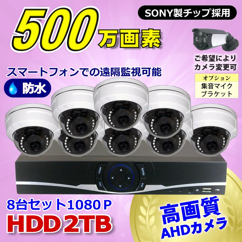 防犯カメラ 500万画素 8CH DVRレコーダー SONY製 ドームカメラ 8台セット HDD 2TB AHD 高画質 録画 屋外 屋内 赤外線 夜間撮影 3.6mmレンズ