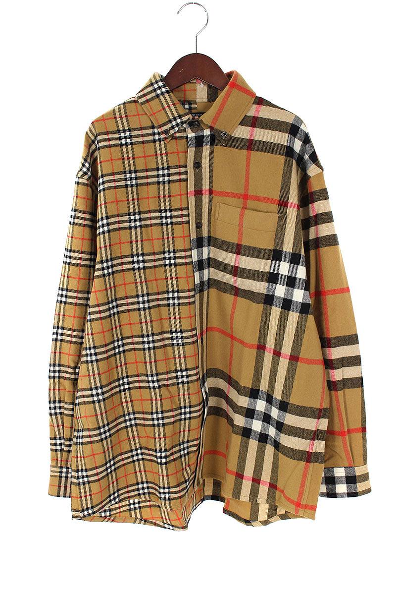 バーバリー/Burberry　×ゴーシャラブチンスキー/Gosha Rubchinskiy 【18AW】オーバーサイズノバチェック切替フランネル長袖シャツ(S/ベージュ)【SB01】【メンズ】【502181】【中古】bb154#rinkan*S