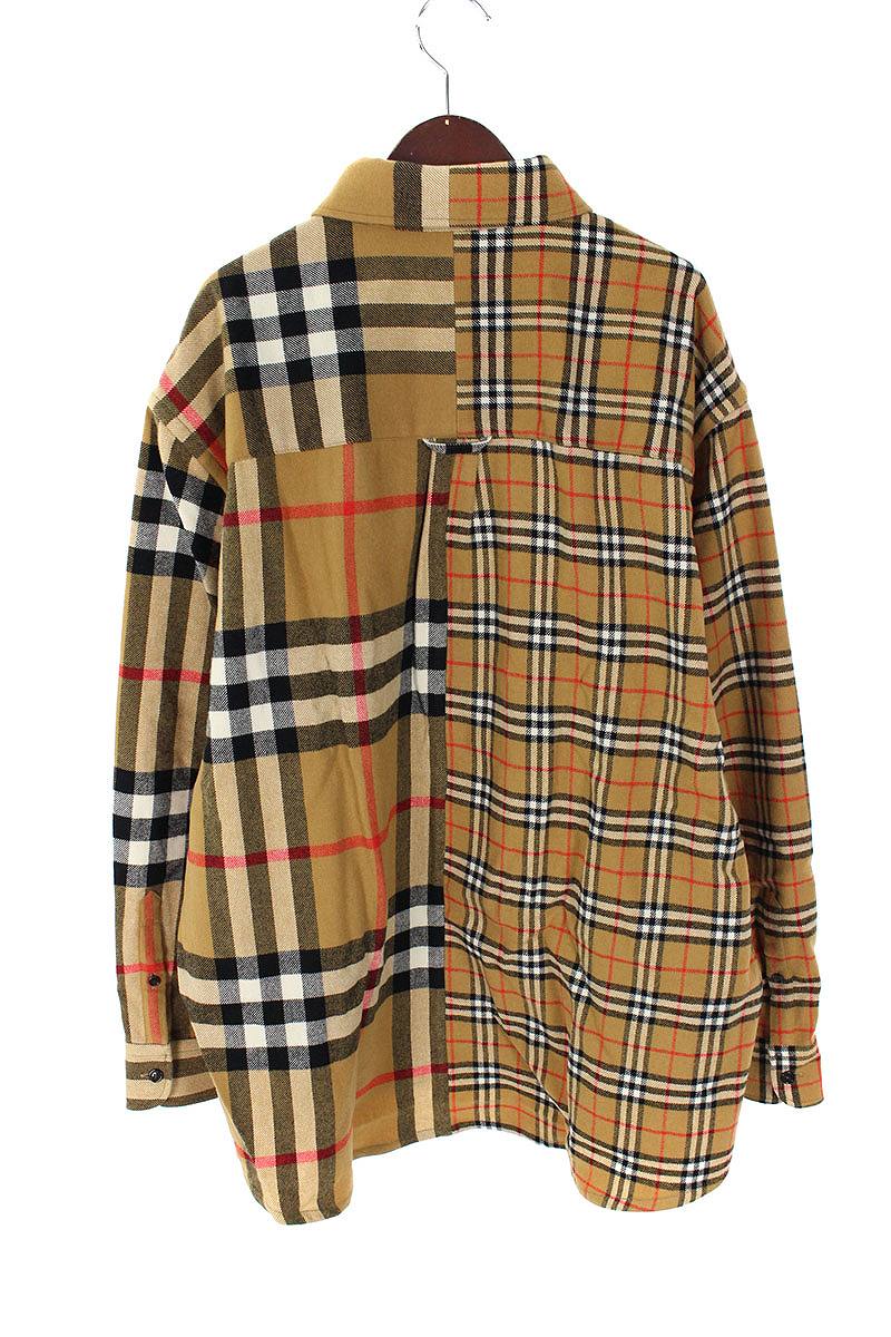 バーバリー/Burberry　×ゴーシャラブチンスキー/Gosha Rubchinskiy 【18AW】オーバーサイズノバチェック切替フランネル長袖シャツ(S/ベージュ)【SB01】【メンズ】【502181】【中古】bb154#rinkan*S