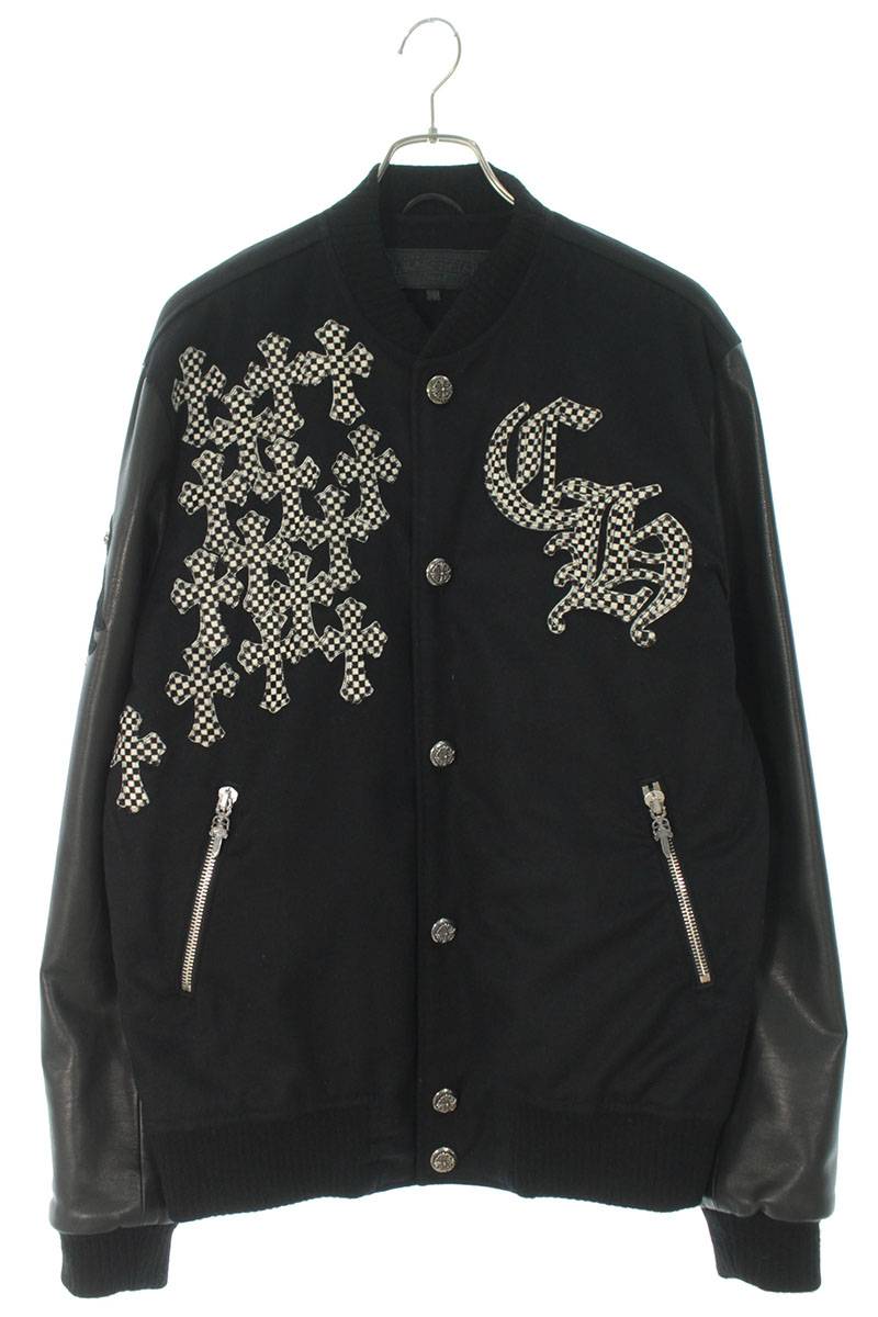 クロムハーツ Chrome Hearts　サイズ:L 【LETTERMAN レターマン】ハラコCHマルチレザーパッチレザースリーブブルゾン(ブラック×ホワイト×シルバー)【SJ02】【メンズ】【100112】【中古】bb324#rinkan*B