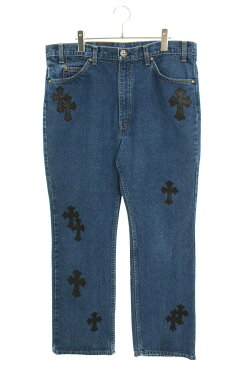 クロムハーツ/Chrome Hearts　サイズ:36インチ 【U VNTG JEAN BLU/ORNG TAB】クロスパッチ付きウォッシュドデニムパンツ(インディゴ×ブラック×シルバー)【427022】【OM10】【メンズ】【中古】bb82#rinkan*B