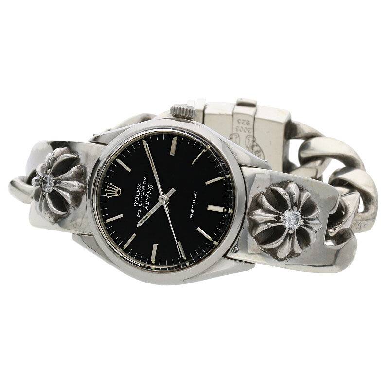 クロムハーツ Chrome Hearts　×ロレックス ROLEX Ref.5500 エアキング 1ダイヤCHプラスクラシックリックウォッチブレスレット腕時計(シルバー×ブラック×クリア 150.55g) 【401122】【SS07】【小物】【中古】bb134#rinkan*B