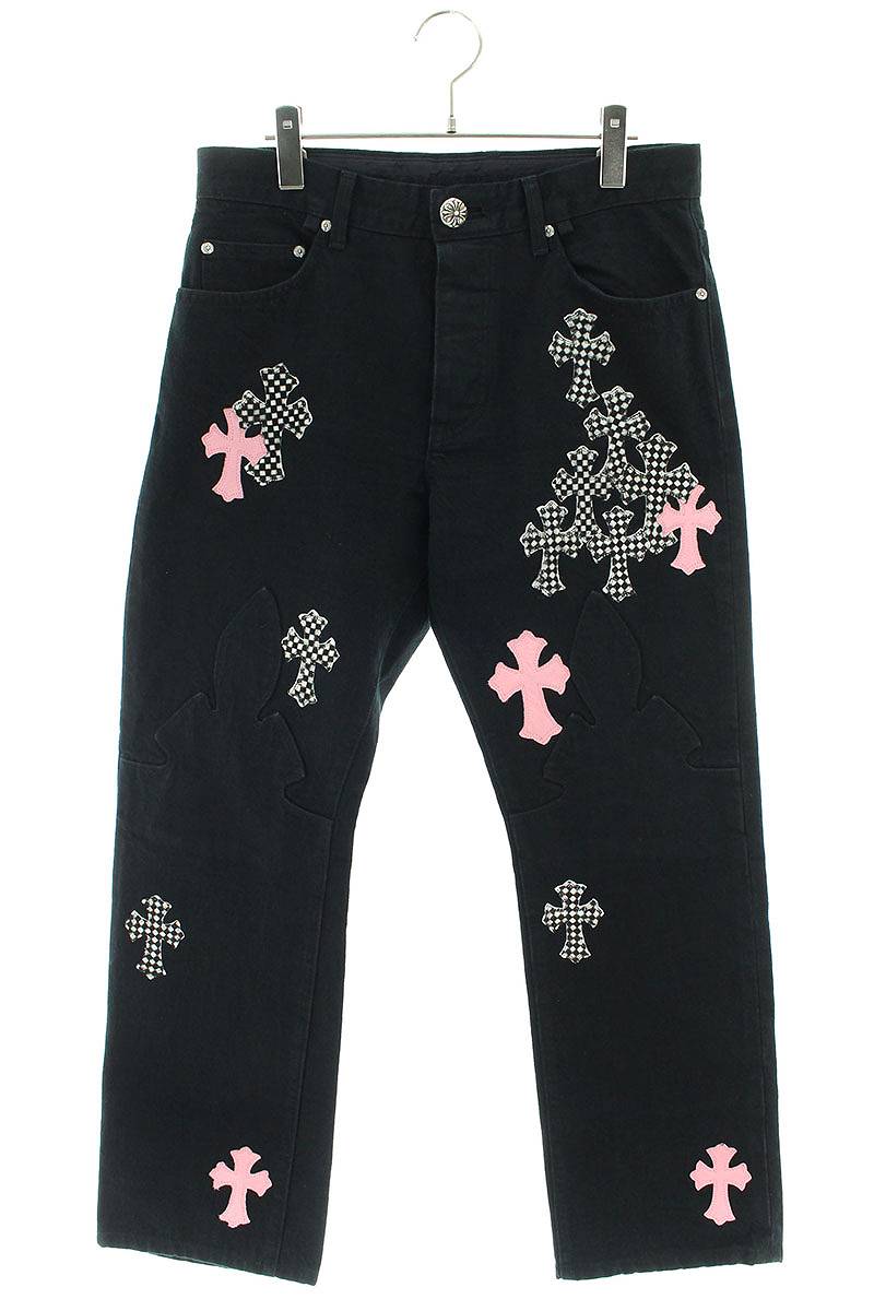 クロムハーツ Chrome Hearts　サイズ:32インチ JEAN SL FLEURKNEE クロスパッチ付きウォッシュドフレアニーステッチデニムパンツ(ブラック×ピンク×ホワイト) 【702122】【GZ11】【メンズ】【中古】bb306#rinkan*S