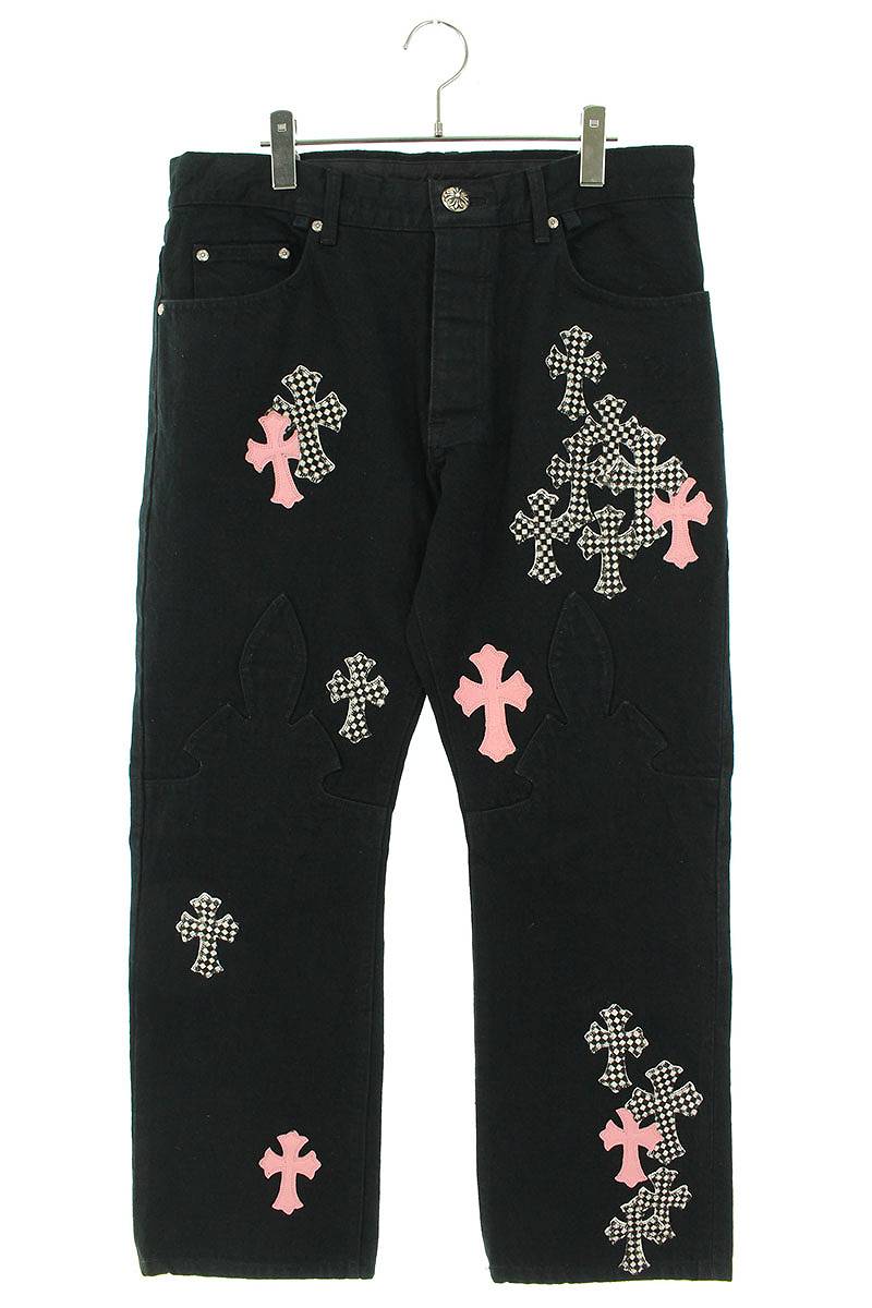 クロムハーツ Chrome Hearts　サイズ:36インチ 【JEAN SL FLEURKNEE】クロスパッチ付きウォッシュドフレアニーステッチデニムパンツ(ブラック×ピンク×ホワイト)【912122】【SJ02】【メンズ】【中古】bb82#rinkan*A