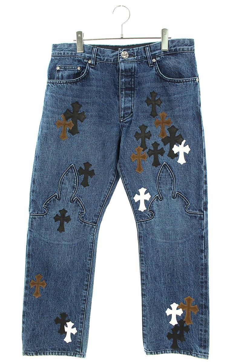 クロムハーツ Chrome Hearts　サイズ:36インチ 【JEAN SL FLEURKNEE】クロスパッチ付きウォッシュドフレアニーステッチデニムパンツ(インディゴ×ブラック×ホワイト×ブラウン)【912122】【SJ02】【メンズ】【中古】bb82#rinkan*A