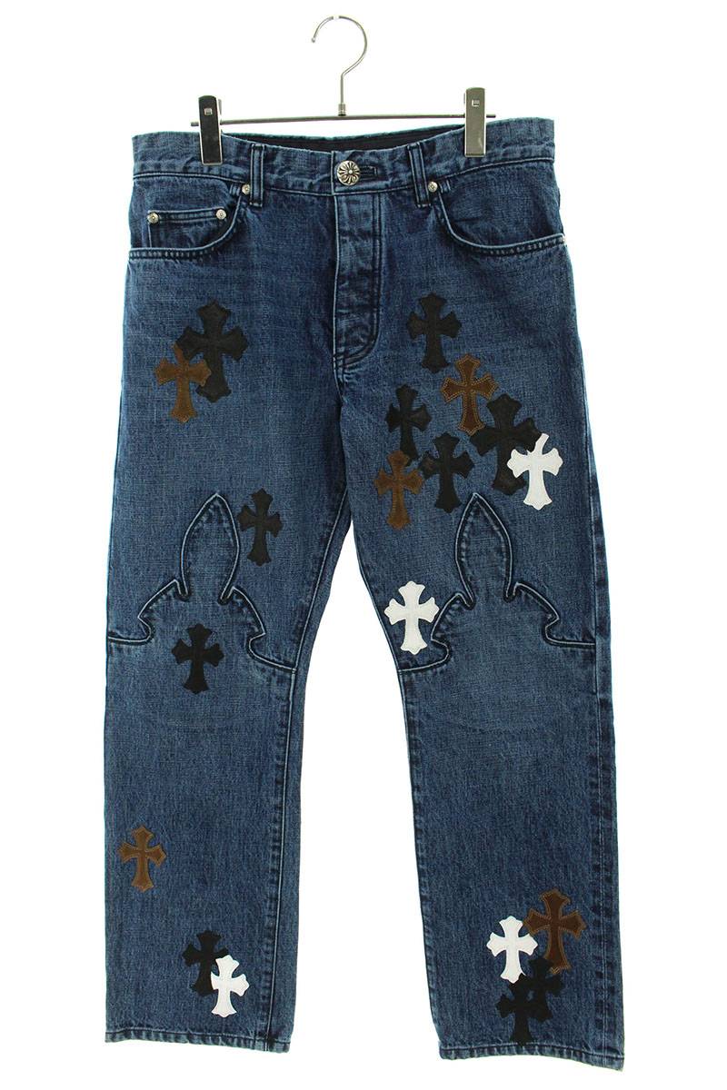 クロムハーツ Chrome Hearts　サイズ:34 【JEAN SL FLEURKNEE】クロスパッチ付きウォッシュドフレアニーステッチデニムパンツ(インディゴ×ブラック×ホワイト×ブラウン)【801032】【SJ02】【メンズ】【中古】bb339#rinkan*A