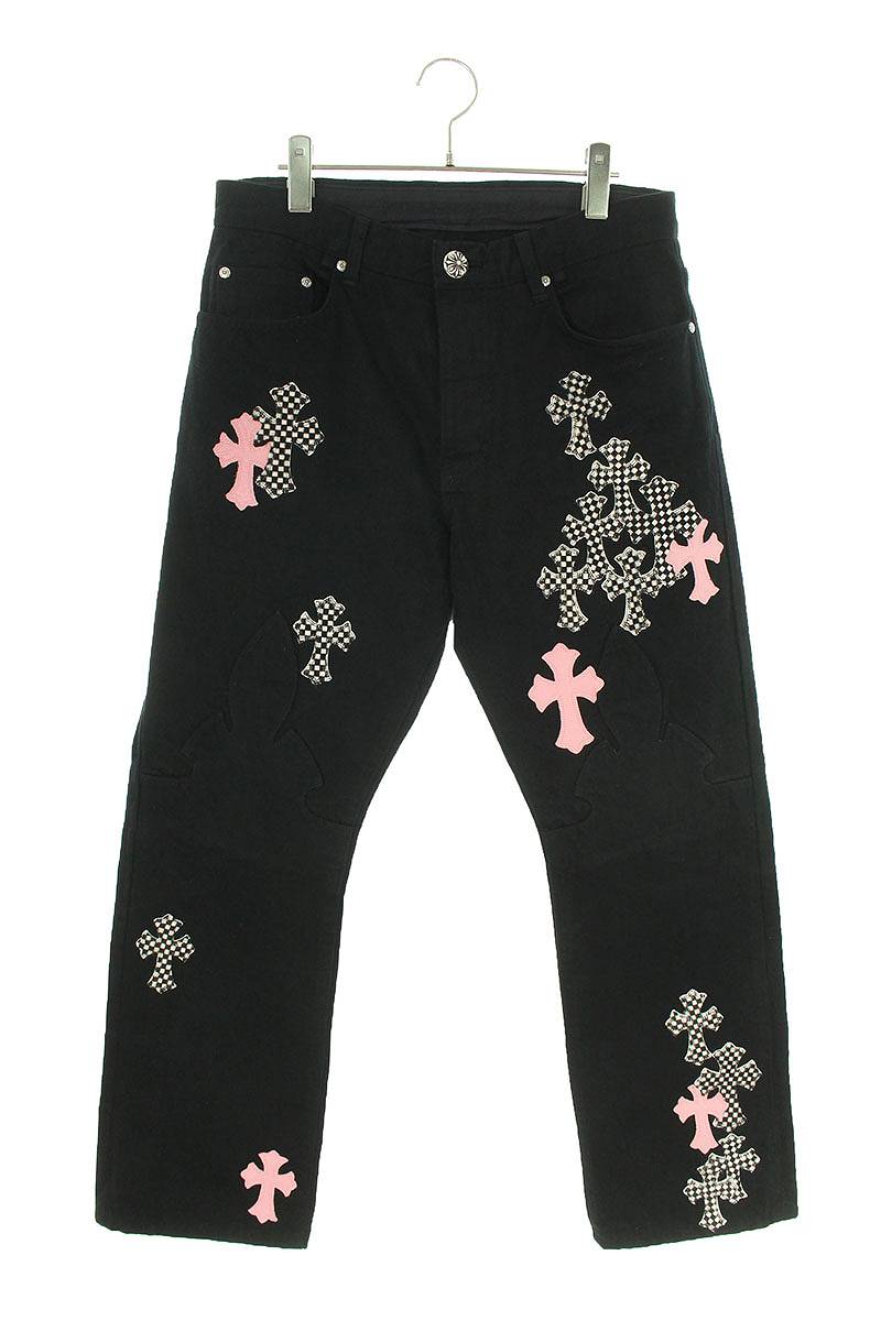 クロムハーツ Chrome Hearts　サイズ:33インチ JEAN SL FLEURKNEE クロスパッチ付きウォッシュドフレアニーステッチデニムパンツ(ブラック×ピンク×ホワイト) 【311032】【SS07】【メンズ】【中古】bb205#rinkan*S