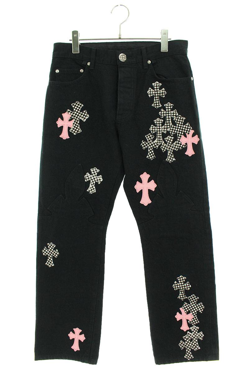 クロムハーツ Chrome Hearts　サイズ:32インチ JEAN SL FLEURKNEE クロスパッチ付きウォッシュドフレアニーステッチデニムパンツ(ブラック×ピンク×ホワイト) 【121032】【GZ11】【メンズ】【中古】bb147#rinkan*S