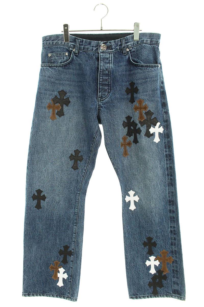 クロムハーツ Chrome Hearts　サイズ:36インチ JEAN STRTLG FBRC クロスパッチ付きウォッシュドデニムパンツ(インディゴ×ブラック×ホワイト×ブラウン) 【212032】【GZ11】【メンズ】【中古】bb326#rinkan*S