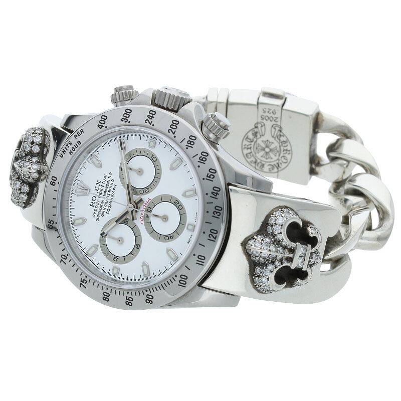 クロムハーツ Chrome Hearts　×ロレックス ROLEX 116520 コスモグラフ デイトナ Z番　白文字盤 BSフレアパヴェダイヤクラシックリンクウォッチブレス腕時計(シルバー×クリア 187.85g)【313032】【SJ02】【小物】【中古】bb294#rinkan*B