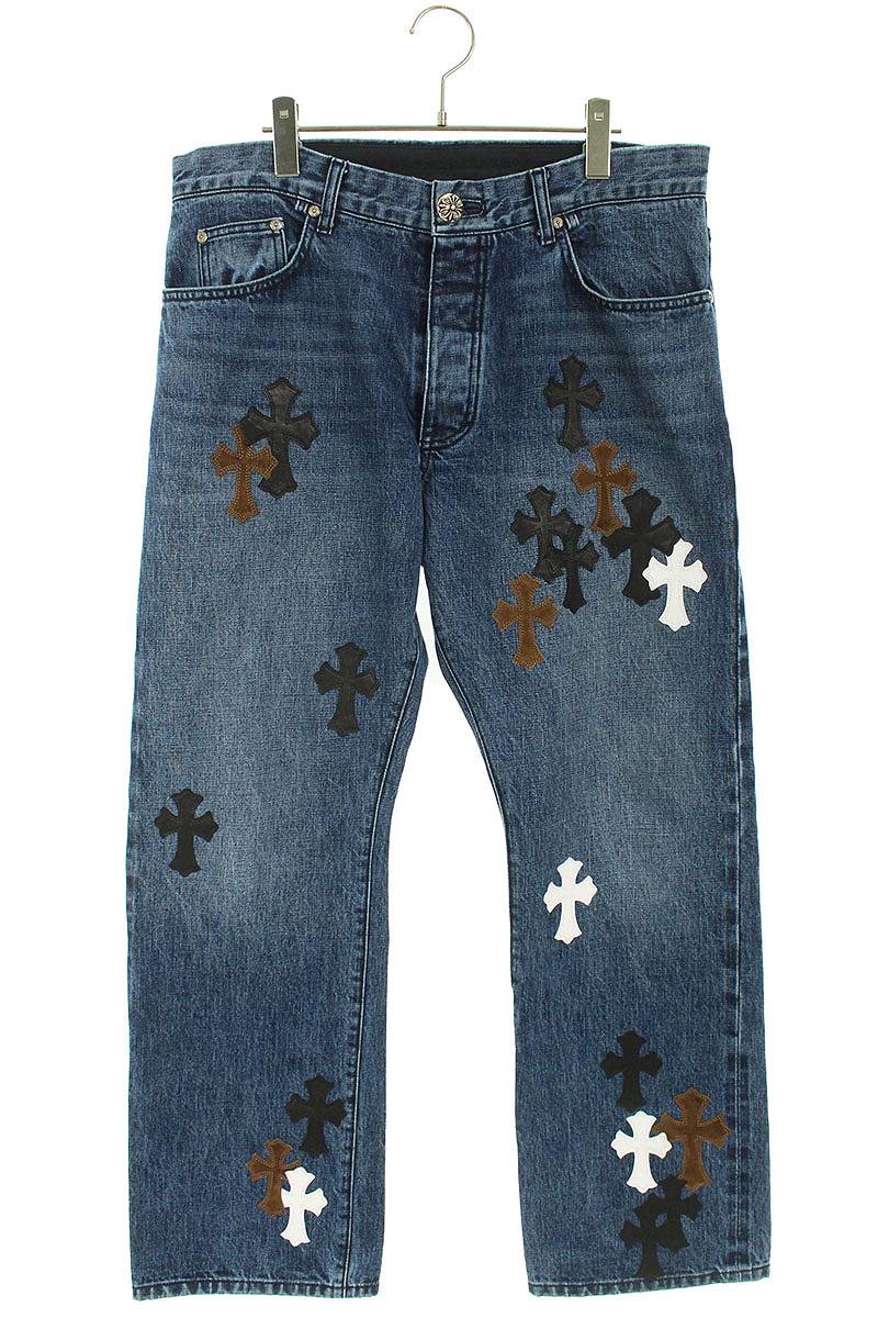 クロムハーツ Chrome Hearts　サイズ:36インチ JEAN STRTLG FBRC クロスパッチ付きウォッシュドデニムパンツ(インディゴ×ブラック×ホワイト)【905032】【OM10】【メンズ】【中古】bb205#rinkan*A