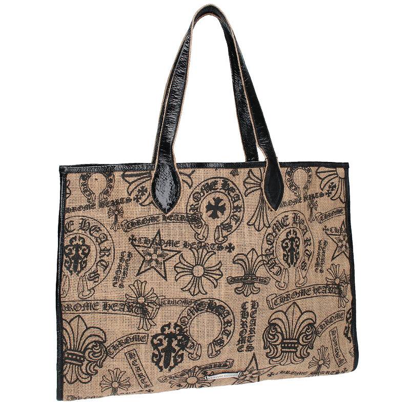 クロムハーツ Chrome Hearts　 TOTO BEACH BAG ALL OVER PRINT マルチロゴプリントビーチトートバッグ(ベージュ×ブラック)【325032】【SJ02】【小物】【中古】bb131#rinkan*S