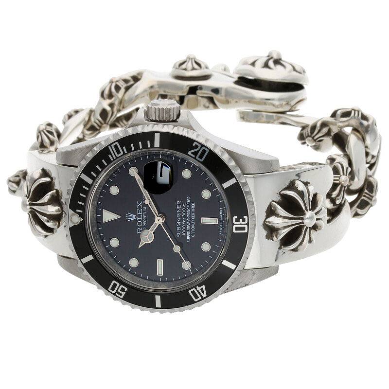 クロムハーツ Chrome Hearts　×ロレックス ROLEX サイズ:40mm 16610 サブマリーナデイト CHプラスファンシーリンククリップウォッチブレス腕時計(シルバー×ブラック 213.16g)【606032】【GZ11】【小物】【中古】bb162#rinkan*B