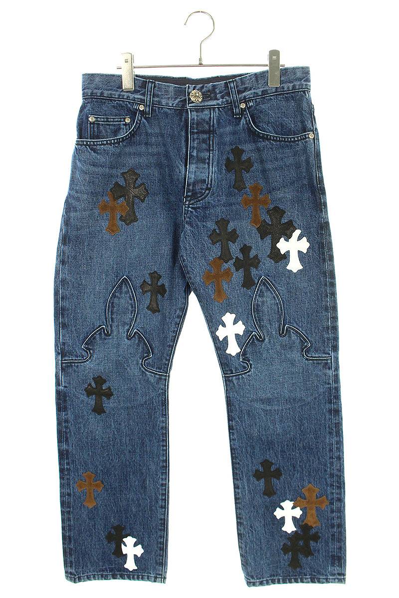 クロムハーツ Chrome Hearts　サイズ:33インチ JEAN SL FLEURKNEE クロスパッチ付きフレアニーステッチデニムパンツ(インディゴ×ブラック×ホワイト×ブラウン)【216032】【GZ11】【メンズ】【中古】bb297#rinkan*A