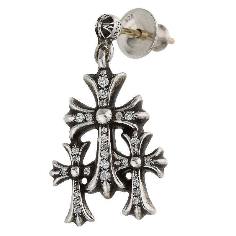 クロムハーツ Chrome Hearts　 3 CH CROSS DROP P D トリプルCHクロス シルバー ダイヤピアス(シルバー×クリア 2.74g)【926032】【SJ02】【小物】【中古】bb132#rinkan*A