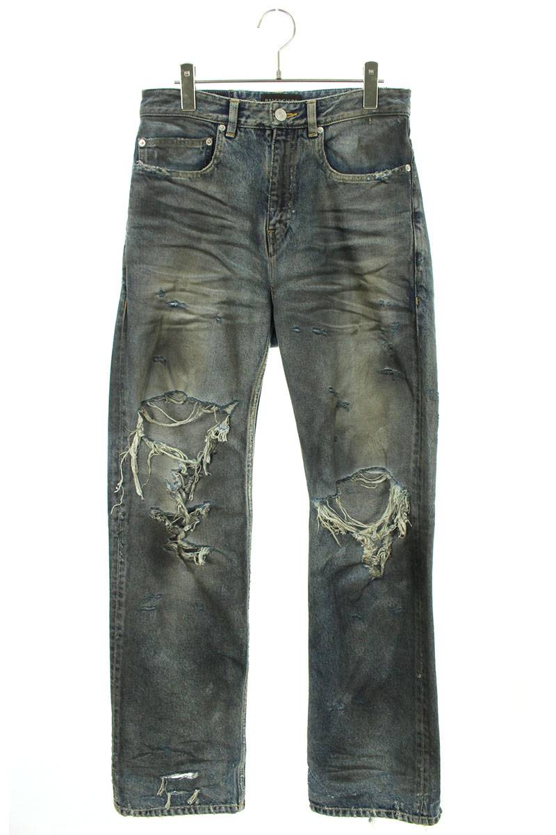 バレンシアガ BALENCIAGA　サイズ:XS RIPPED MEDIUM FIT PANTS 745151 TNW01 ヴィンテージ加工ミディアムフィットリップトデニムパンツ(インディゴ)【119032】【SS13】【メンズ】【中古】bb223#rinkan*A