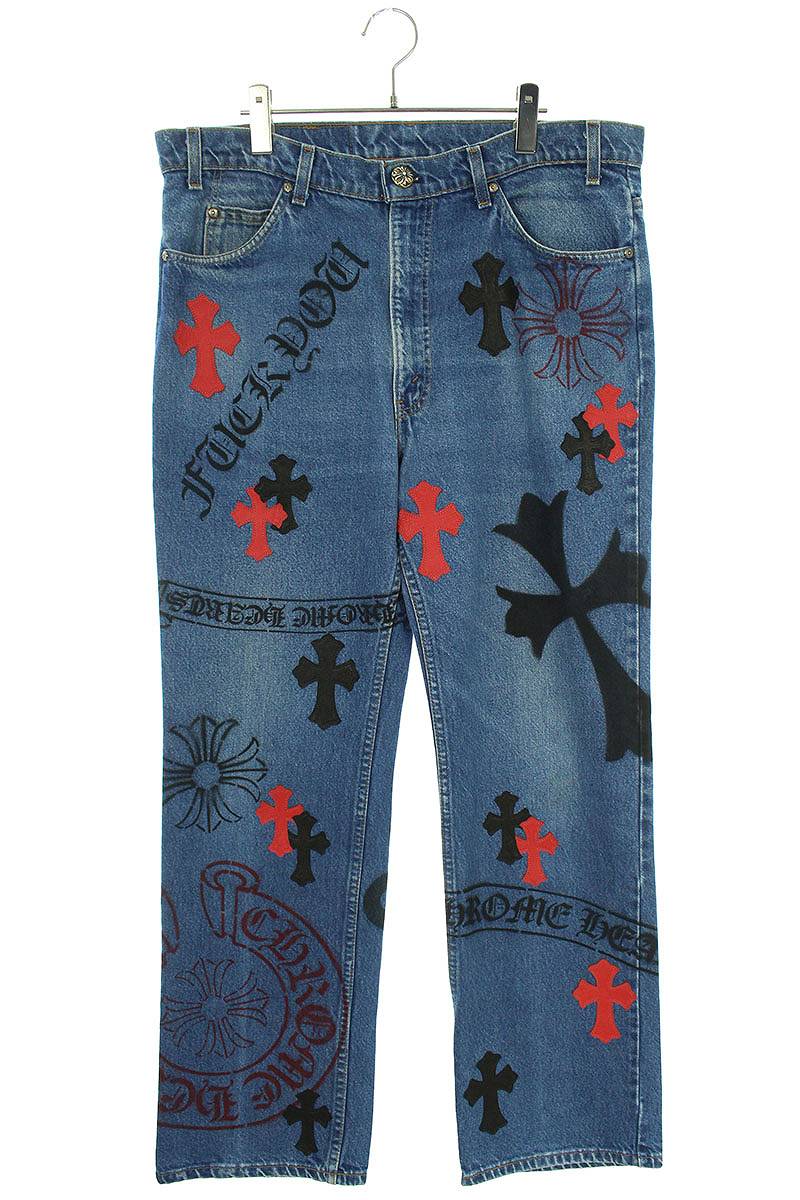 クロムハーツ Chrome Hearts　サイズ:36インチ STENCIL DENIM ステンシル ペイントデザインクロスパッチ付きデニムパンツ(ブルー×ブラック×レッド)【401132】【SJ02】【メンズ】【中古】bb302#rinkan*A