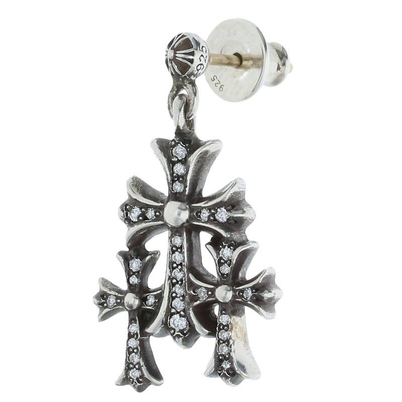 クロムハーツ Chrome Hearts　 3 CH CROSS DROP P D トリプルCHクロス シルバー ダイヤピアス(シルバー×クリア 2.52g)【522132】【SJ02】【小物】【中古】bb92#rinkan*B